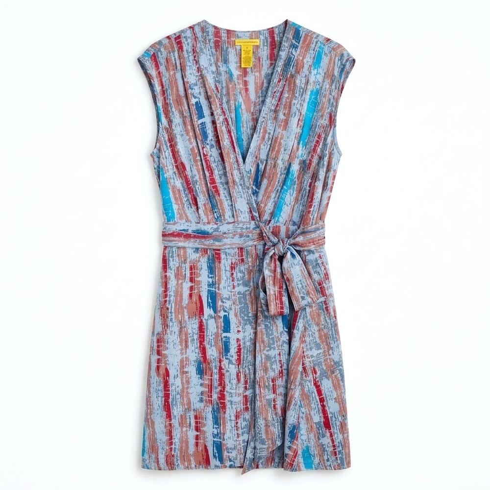 Catherine Malandrino Silk Tie Wrap Dress Blue Print Pleated Casual Womens 10
